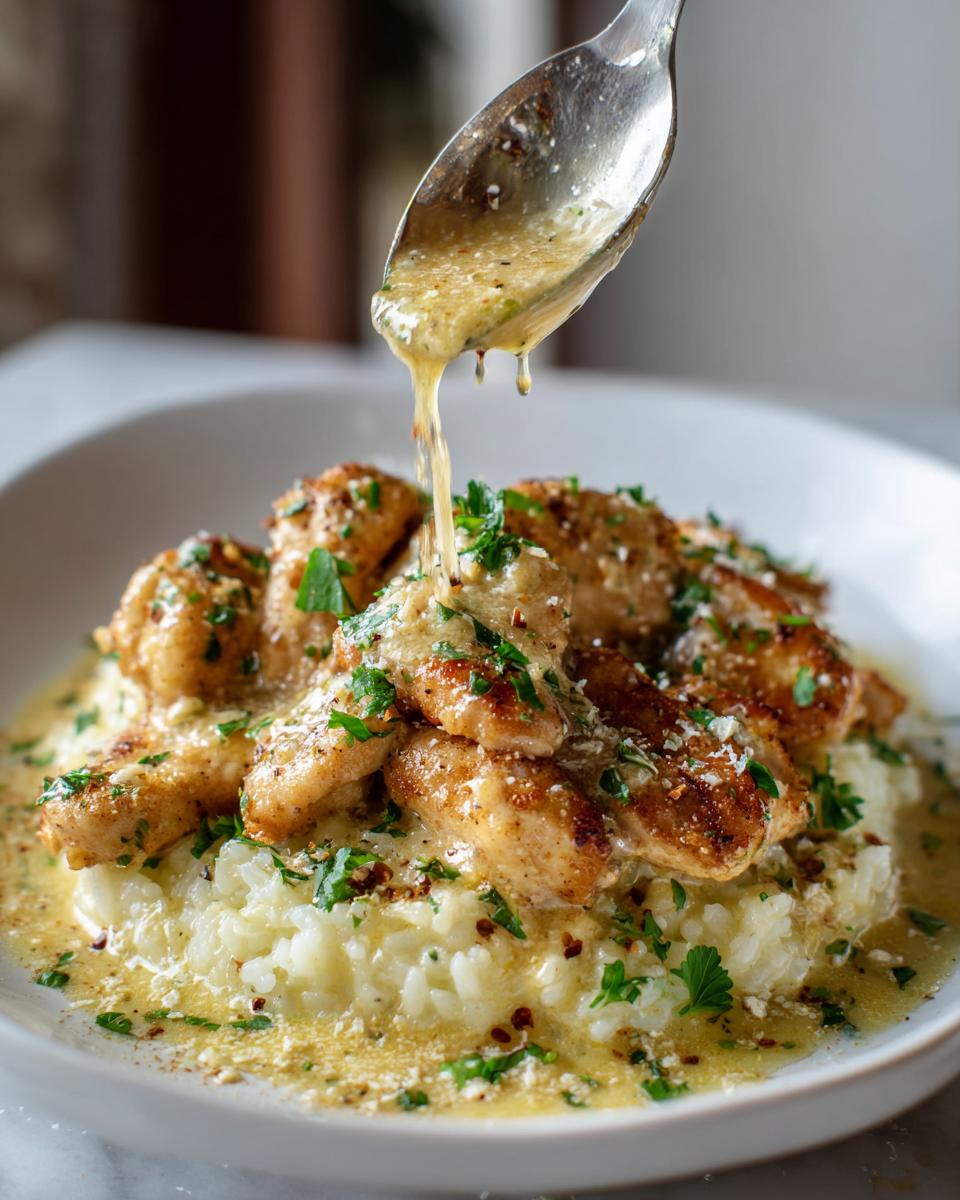 A spoonful of buttery sauce is poured over seared chicken pieces resting on garlic parmesan rice, making the chicken scampi dish.