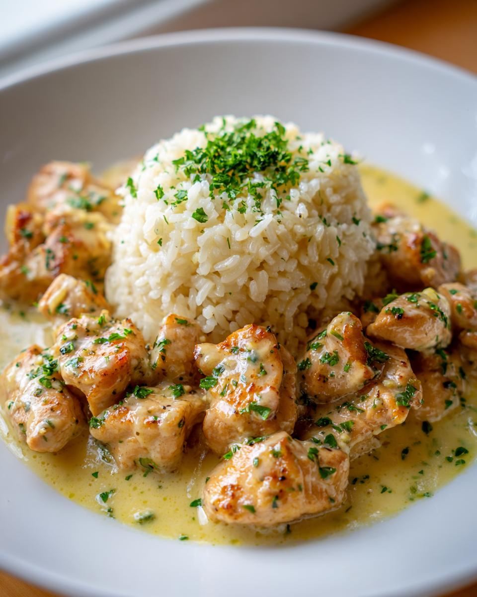 Close-up of chicken scampi pieces in a creamy sauce served next to a mound of garlic parmesan rice, garnished with parsley.