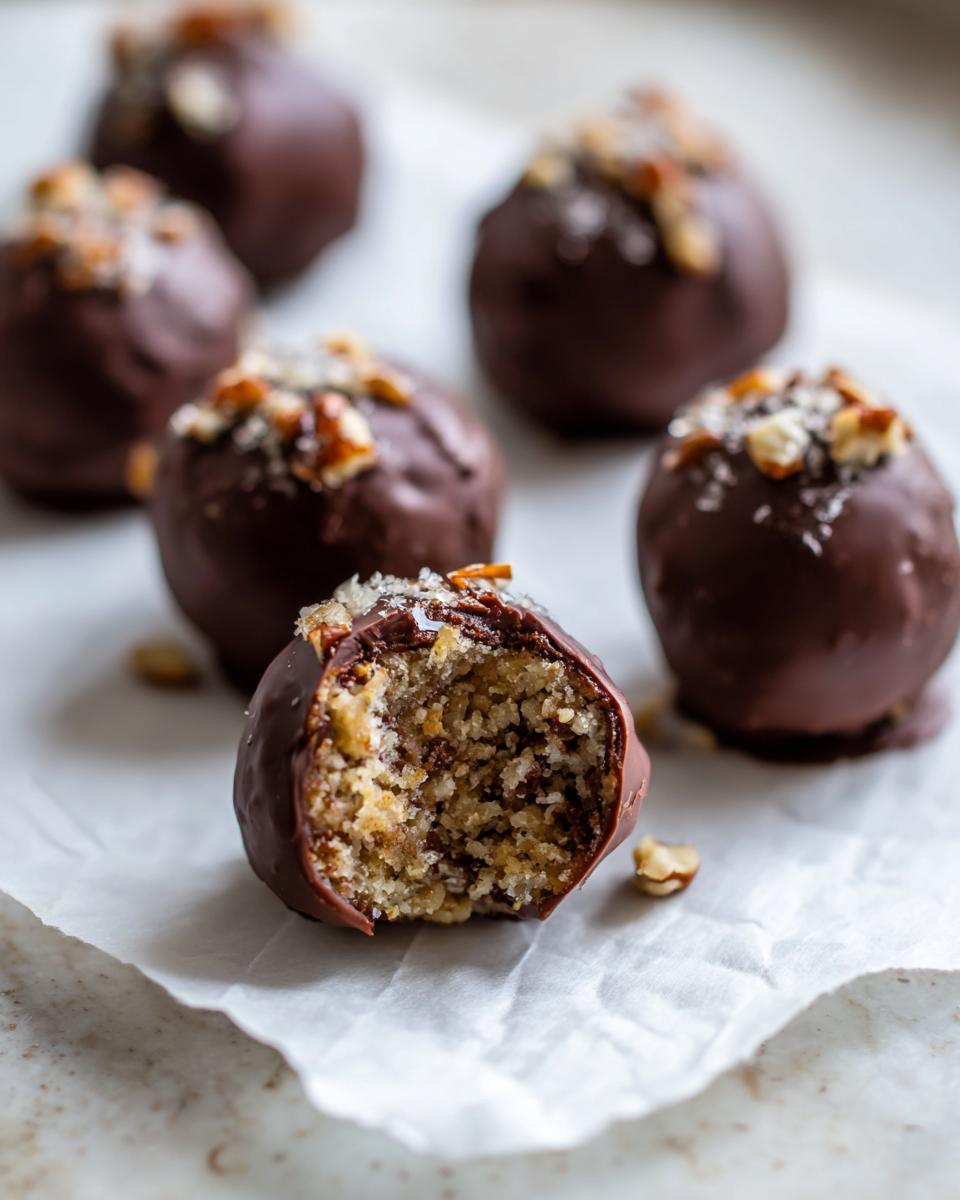 A close-up of chocolate-covered pecan pie balls, one of which is bitten to show the textured filling.