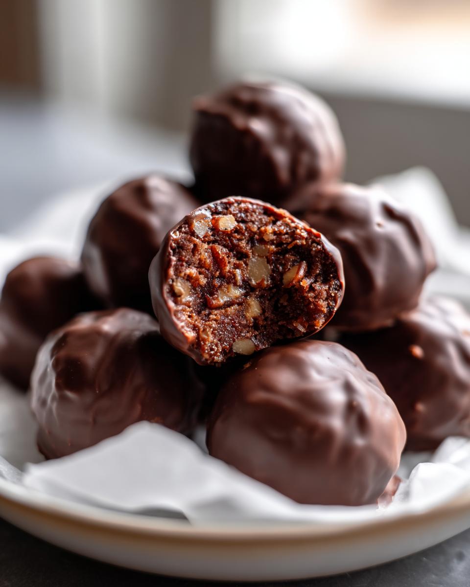 A stack of chocolate-covered pecan pie balls, with one cut in half showing the nutty interior.