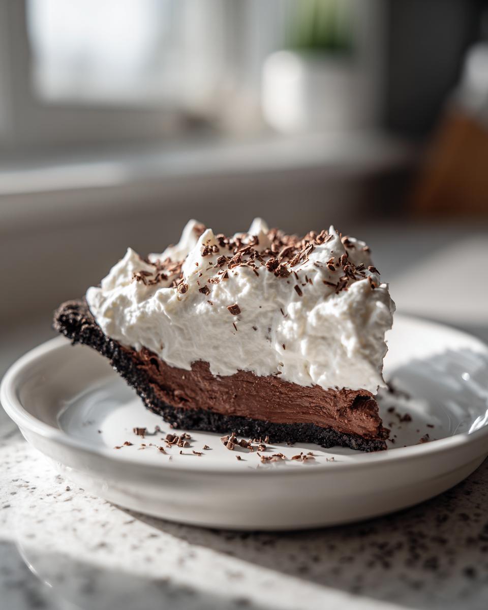 A decadent slice of Christmas chocolate cream pie featuring a dark crust, rich filling, and high mound of whipped cream topped with chocolate shavings.