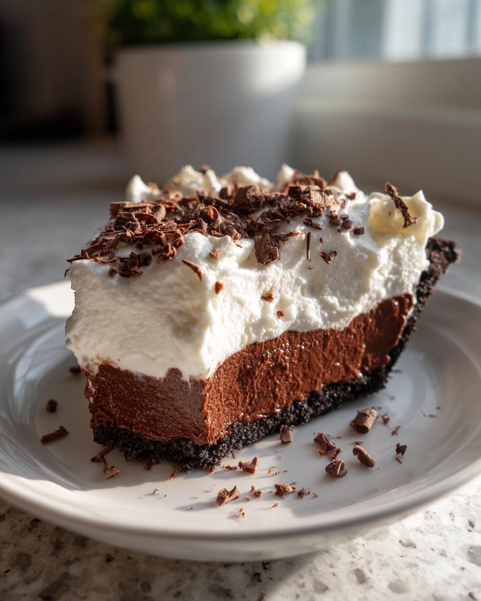 A decadent slice of Christmas chocolate cream pie featuring a dark crust, rich chocolate filling, and thick whipped cream topped with chocolate shavings.