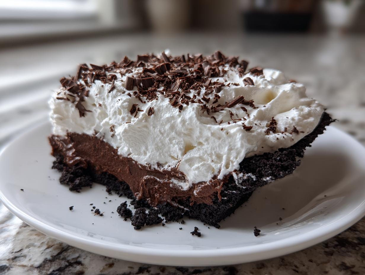 A decadent slice of Christmas chocolate cream pie featuring a dark crust, rich filling, and thick whipped cream topped with chocolate shavings.