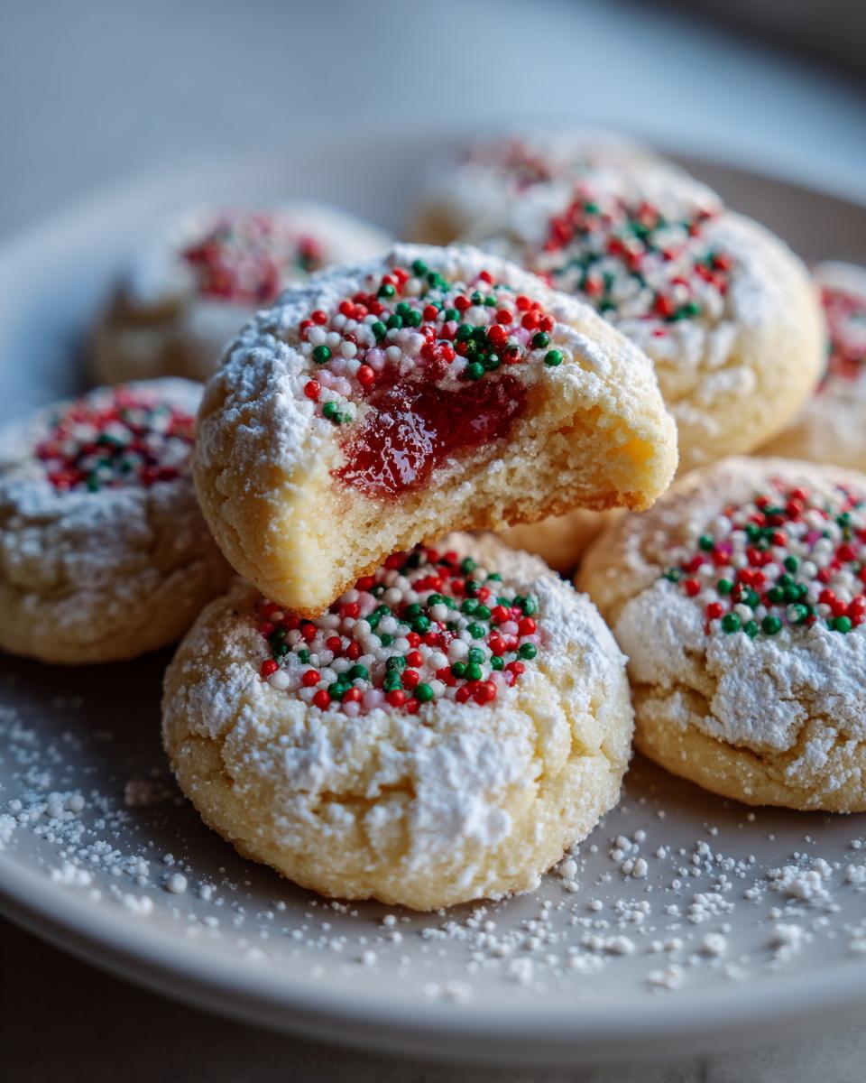 A stack of Christmas gooey butter cookies dusted with powdered sugar, featuring red and green sprinkles and a jam filling visible in the bitten cookie.