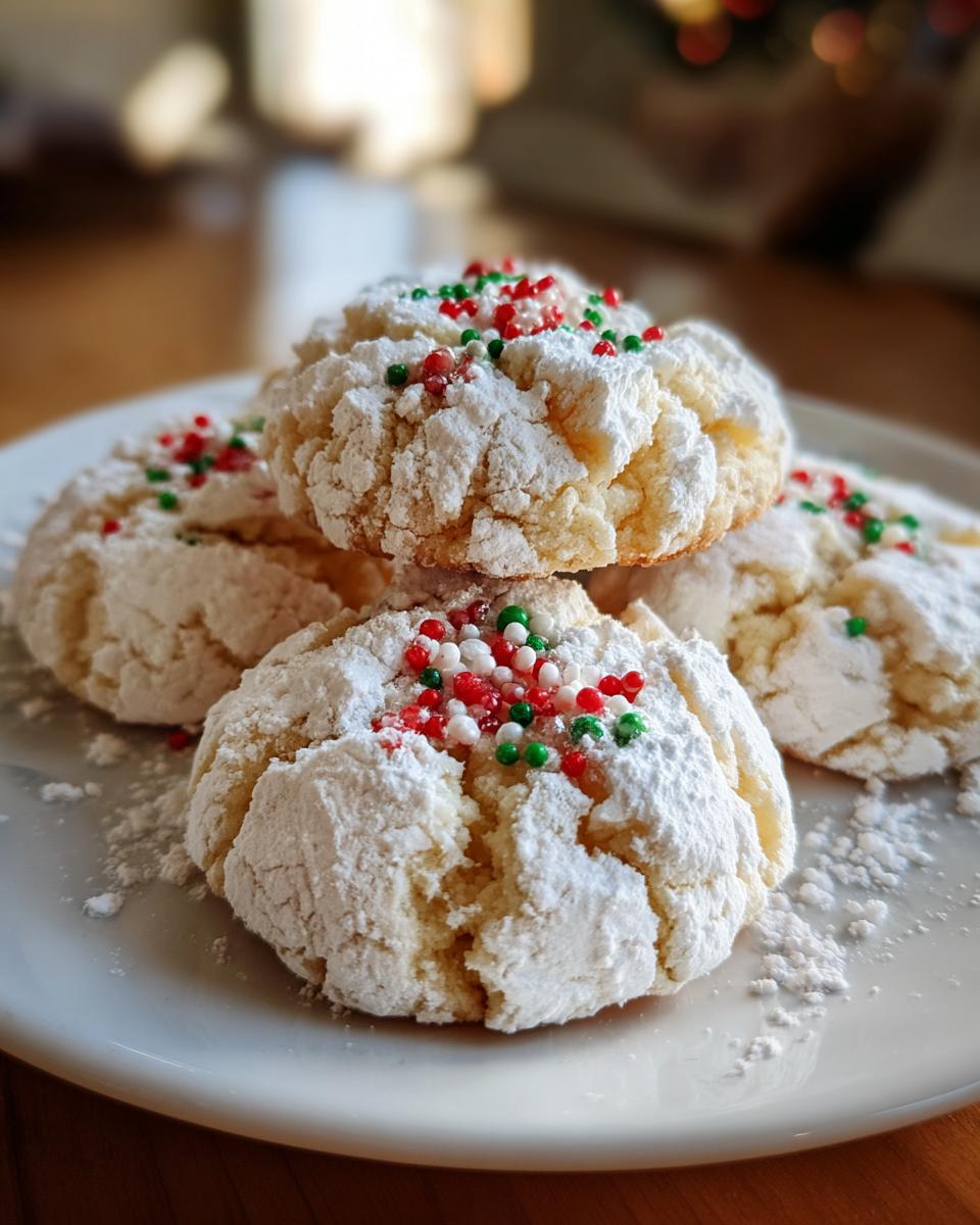Close-up of several Christmas gooey butter cookies dusted heavily with powdered sugar and red/green sprinkles.