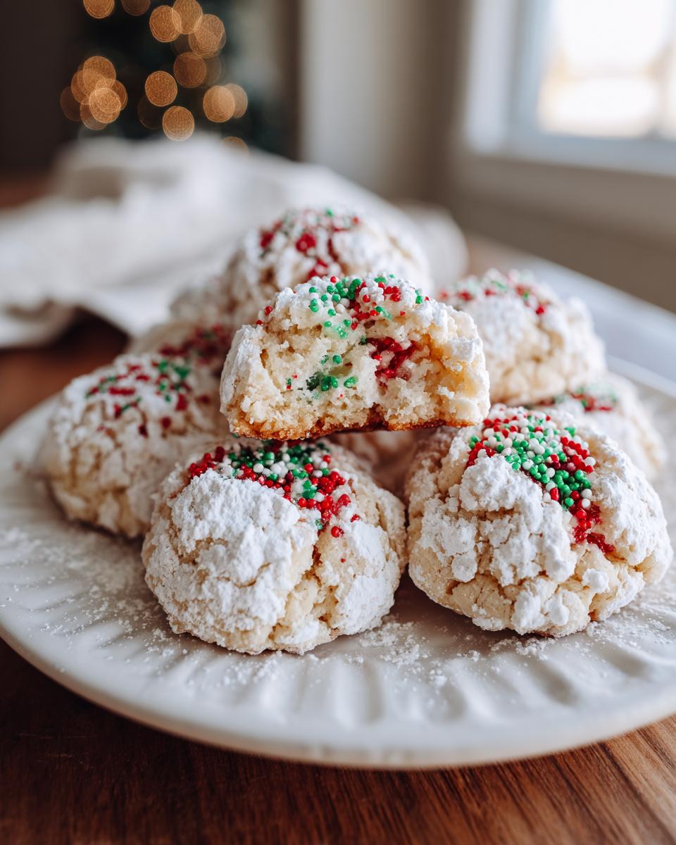A stack of soft Christmas gooey butter cookies dusted with powdered sugar and topped with red and green sprinkles.