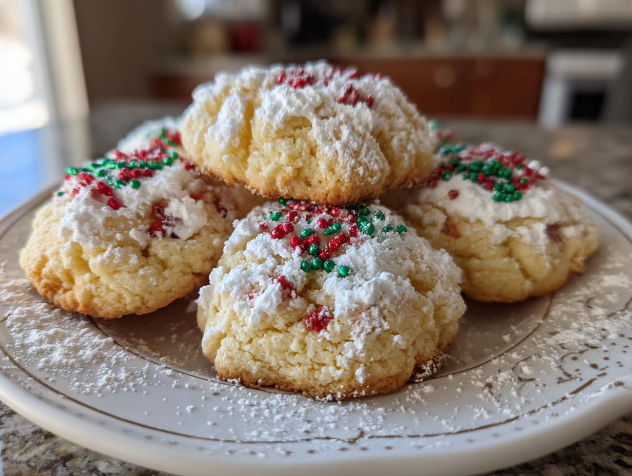 A stack of soft, powdered Christmas gooey butter cookies topped with red and green holiday sprinkles on a white plate.