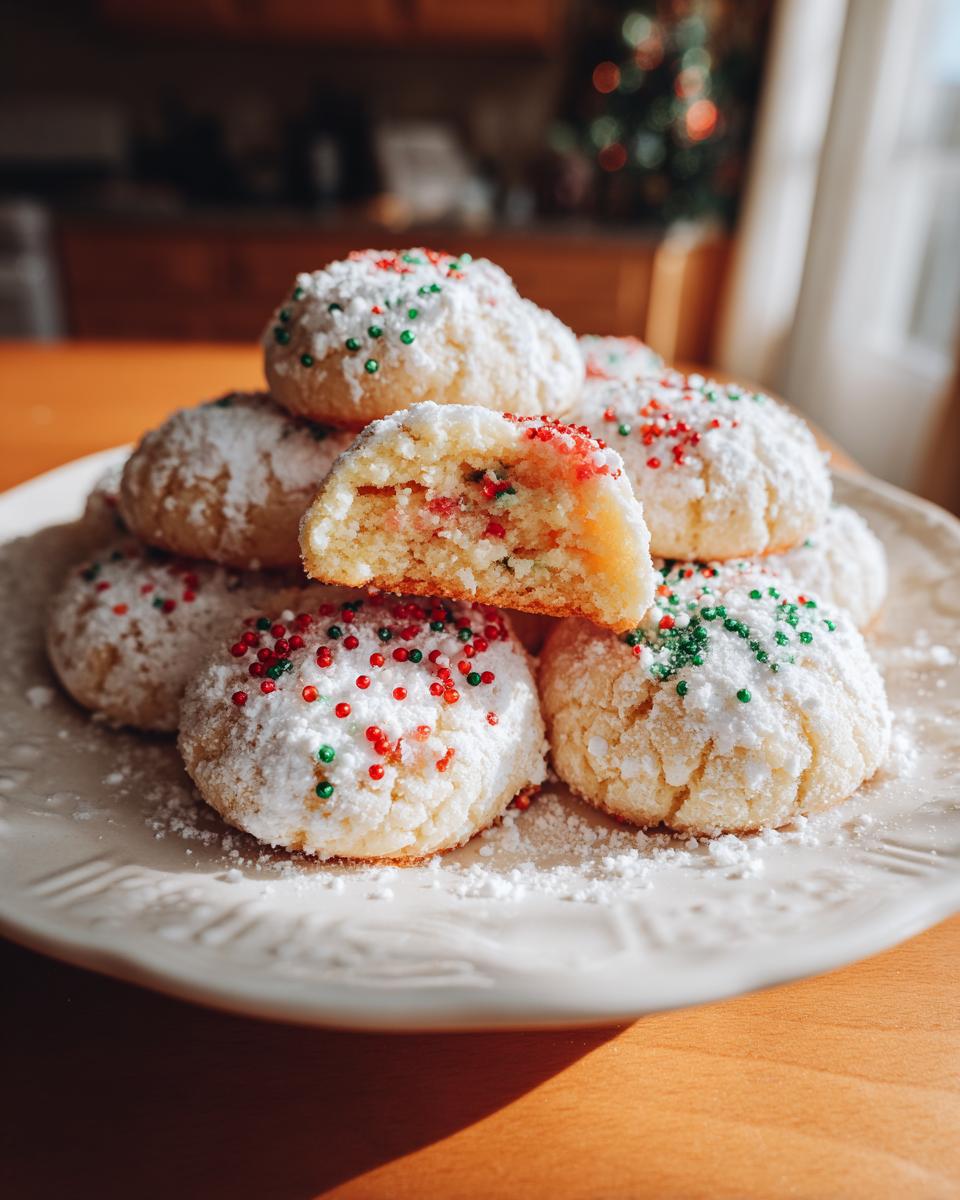 A stack of Christmas gooey butter cookies dusted with powdered sugar and red/green sprinkles, one cookie is broken open.