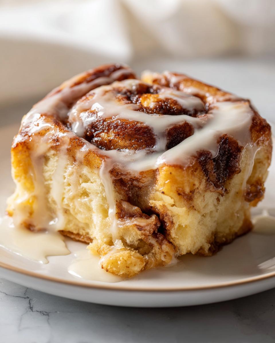 A single, fluffy serving of cinnamon roll casserole topped with thick white icing dripping down the sides.