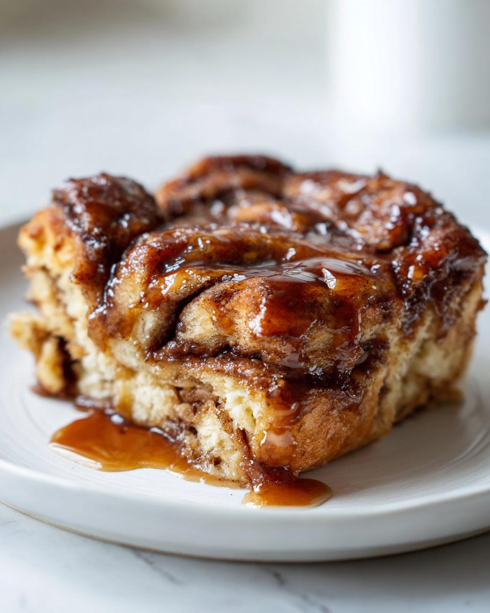 Close-up of a warm slice of cinnamon roll casserole topped with sticky caramel glaze dripping onto a white plate.