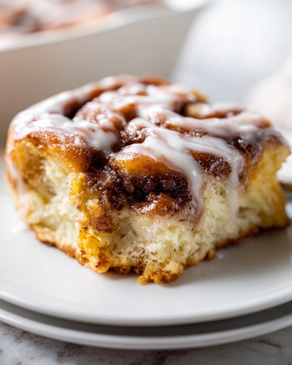 A close-up of a single, fluffy slice of cinnamon roll casserole topped with thick white icing.