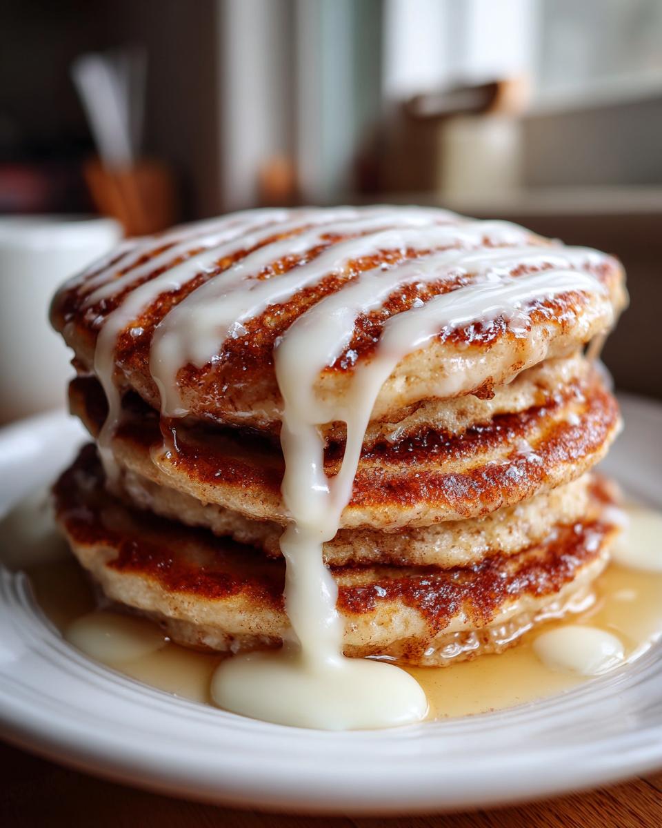 A tall stack of golden brown cinnamon roll pancakes drizzled heavily with thick white icing.