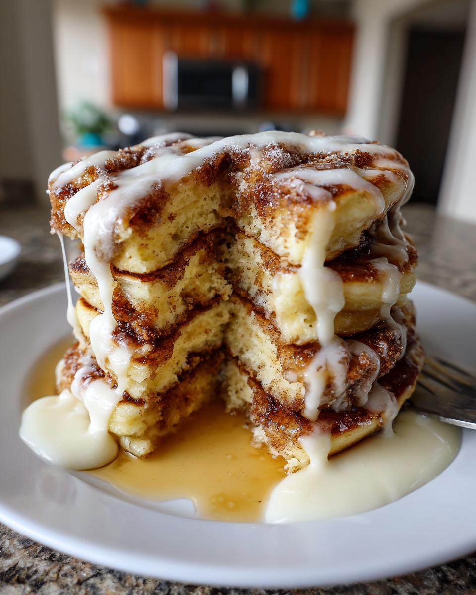 Close-up of a tall stack of cinnamon roll pancakes, cut open to show layers, covered in thick white icing.