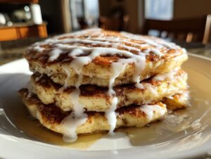 A close-up of a tall stack of cinnamon roll pancakes drizzled heavily with white icing.