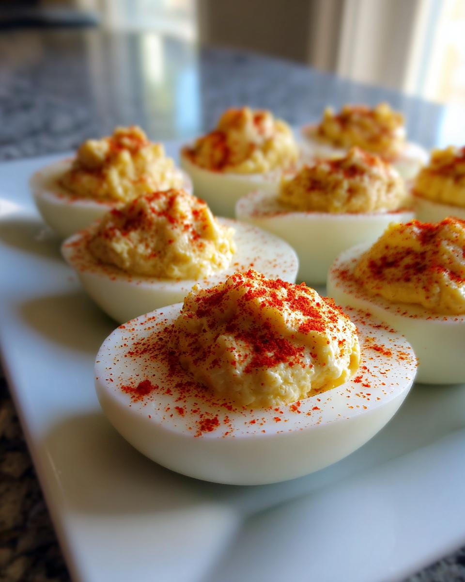 A plate of perfectly prepared deviled eggs, generously filled with creamy yolk mixture and sprinkled with bright red paprika.