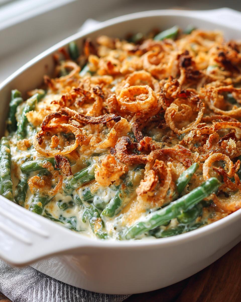 A close-up of baked green bean casserole topped generously with crispy fried onions in a white dish.