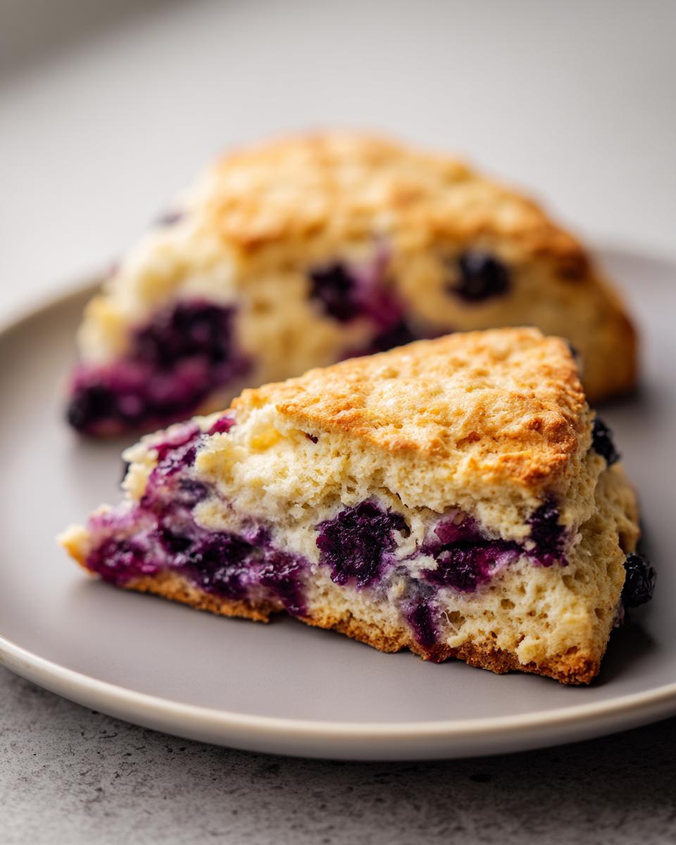 A close-up, focused shot of a freshly baked, triangular blueberry scone showing its moist interior packed with purple blueberries.