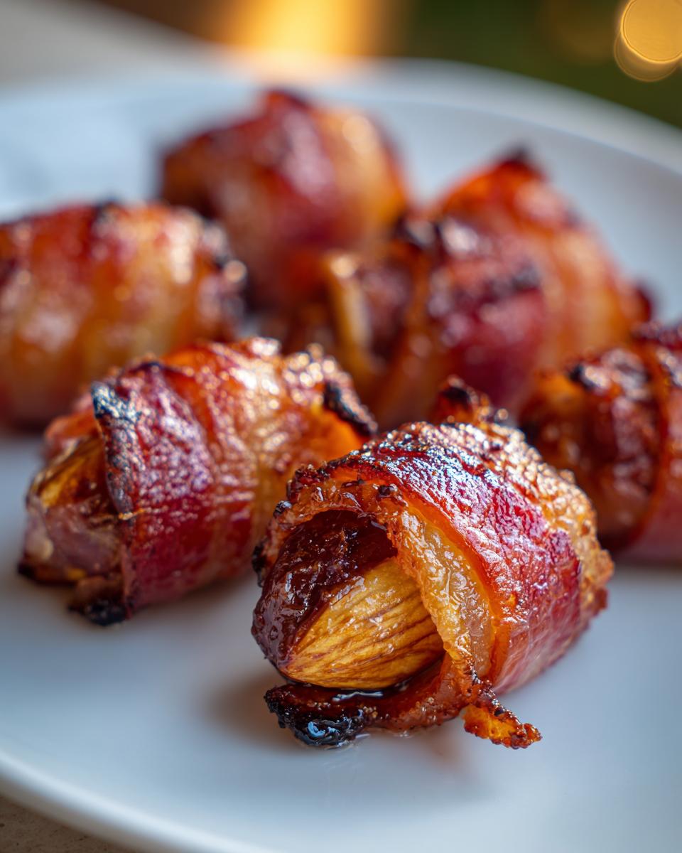 Close-up of several perfectly cooked, glazed bacon-wrapped dates arranged on a white plate.