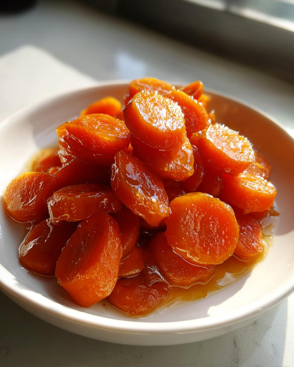 A close-up of bright orange, sliced Glazed carrots coated in a shiny, sweet syrup served in a white bowl.