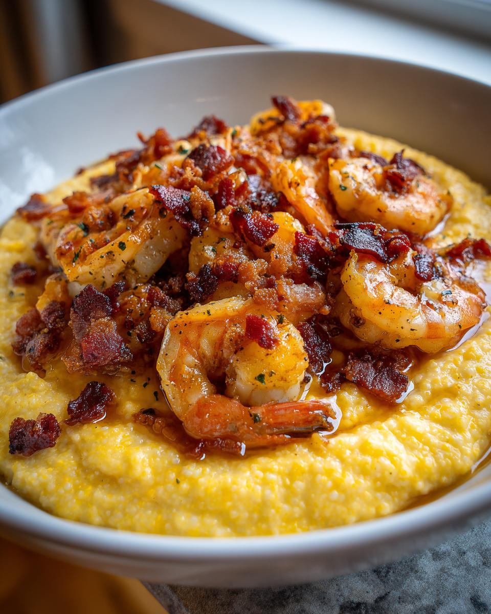 A close-up shot of creamy yellow shrimp and grits topped generously with seasoned shrimp and crispy bacon crumbles.