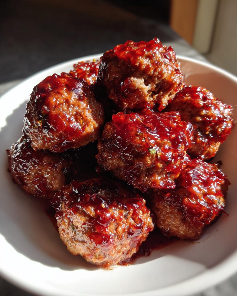 A close-up shot of several glistening cranberry meatballs coated in a thick, dark red cranberry glaze, served in a white bowl.