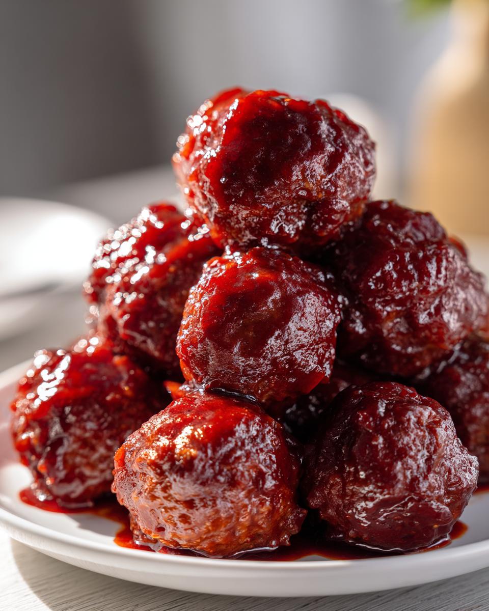 A close-up stack of glossy, sauce-covered cranberry meatballs piled high on a white serving plate.
