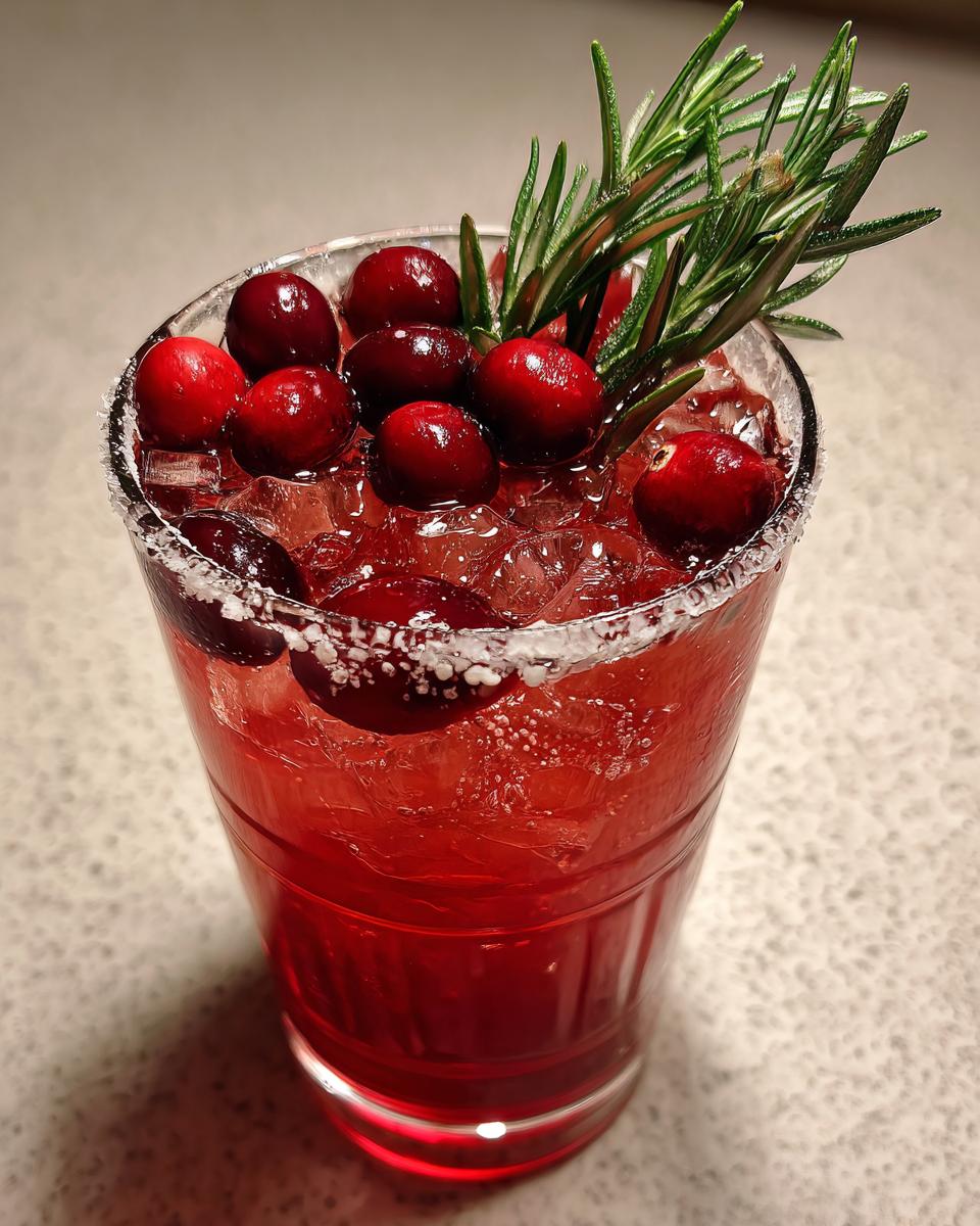 A vibrant red cranberry pomegranate margarita in a salt-rimmed glass, garnished with fresh cranberries and rosemary.
