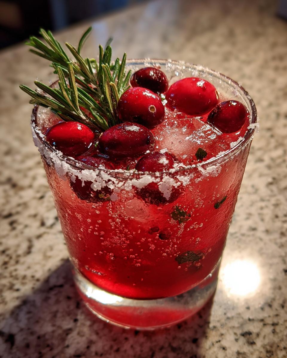 A festive cranberry pomegranate margarita with a sugared rim, topped with fresh cranberries and rosemary.