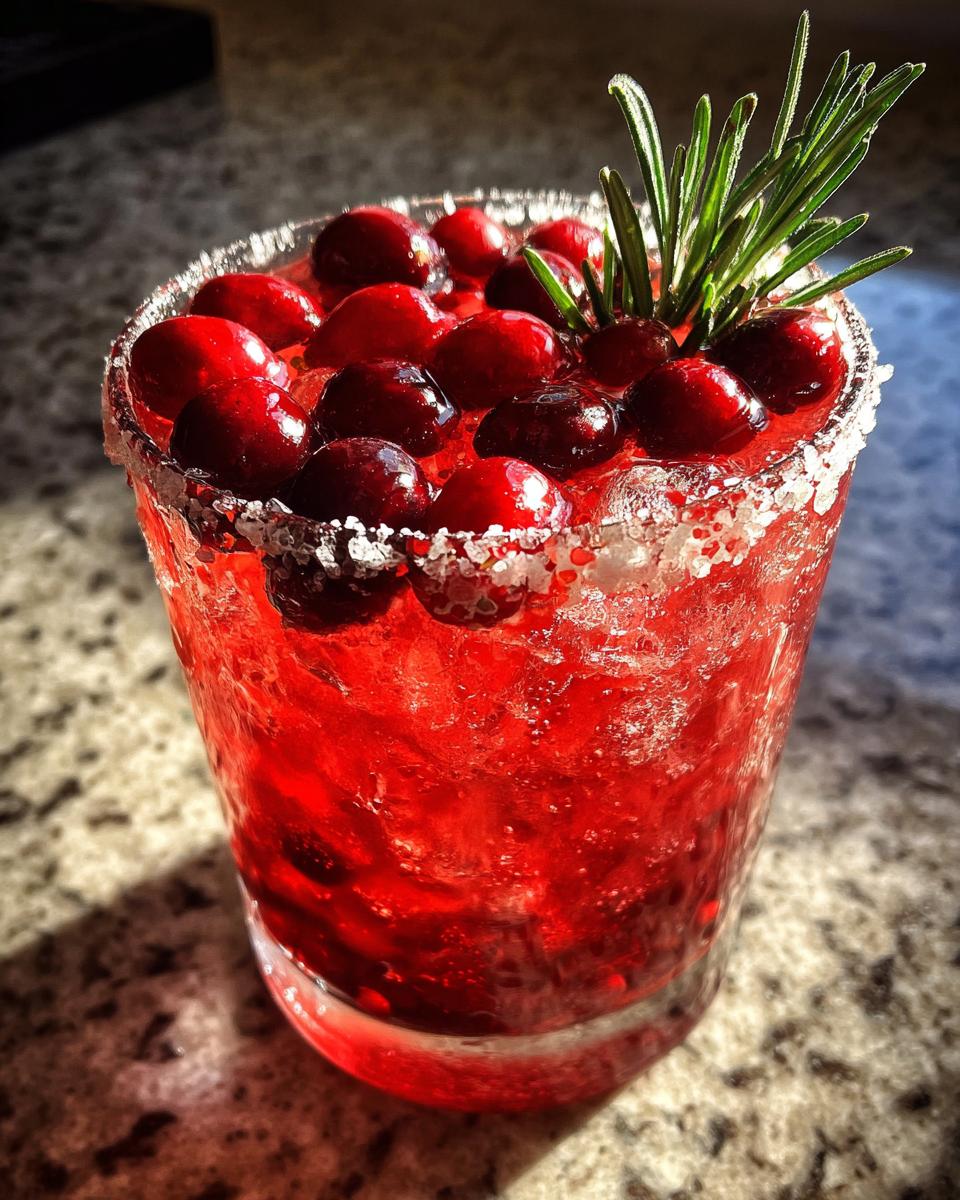 Close-up of a bright red cranberry pomegranate margarita with a salt rim, topped with fresh cranberries and a rosemary sprig.