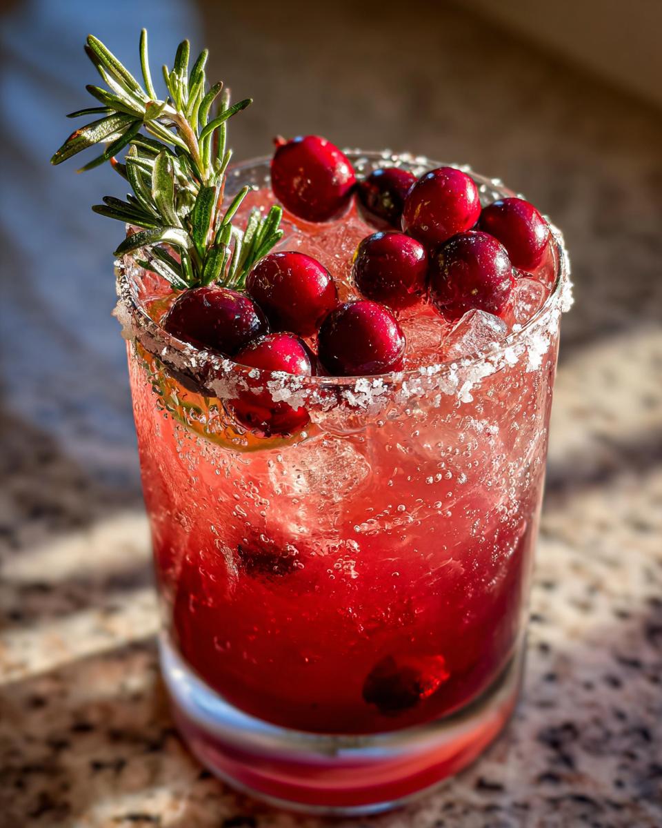 Close-up of a vibrant cranberry pomegranate margarita garnished with fresh cranberries and rosemary.
