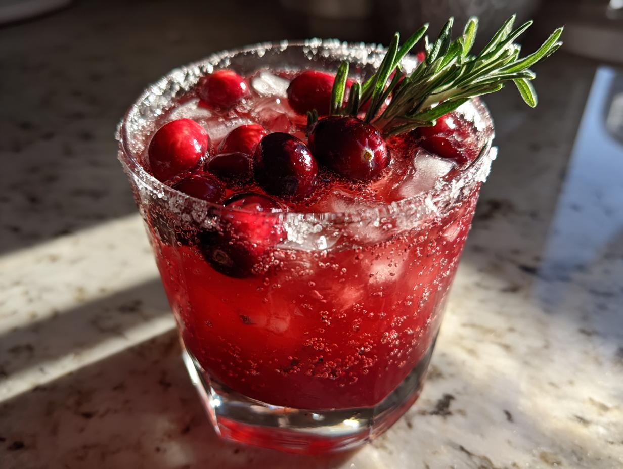 A vibrant cranberry pomegranate margarita in a sugar-rimmed glass, garnished with fresh cranberries and rosemary.