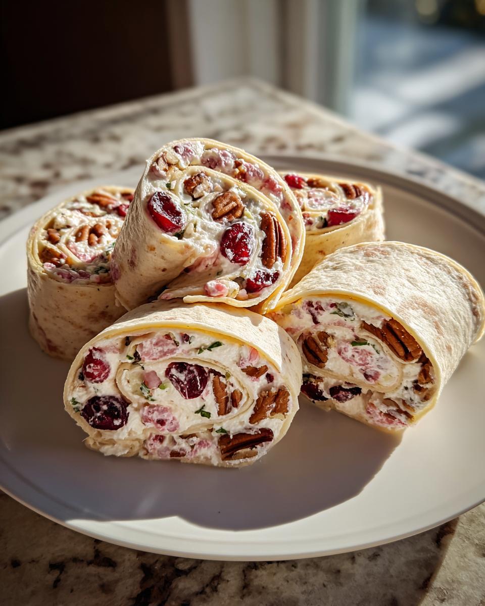 Four slices of creamy cranberry tortilla roll ups filled with pecans and herbs, served on a white plate.