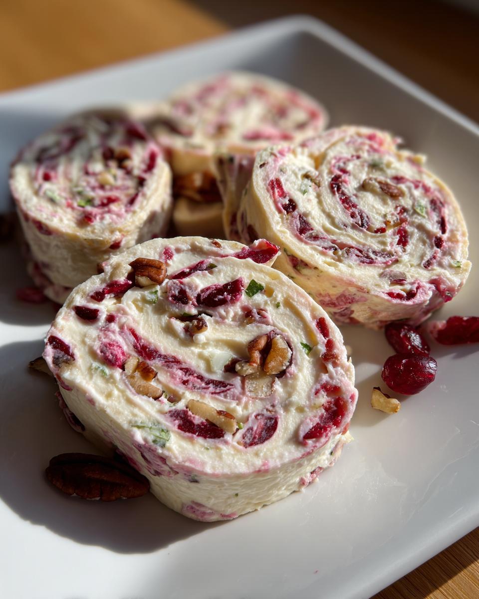 Close-up of sliced cranberry tortilla roll ups showing cream cheese, cranberries, and pecans in a swirl pattern.