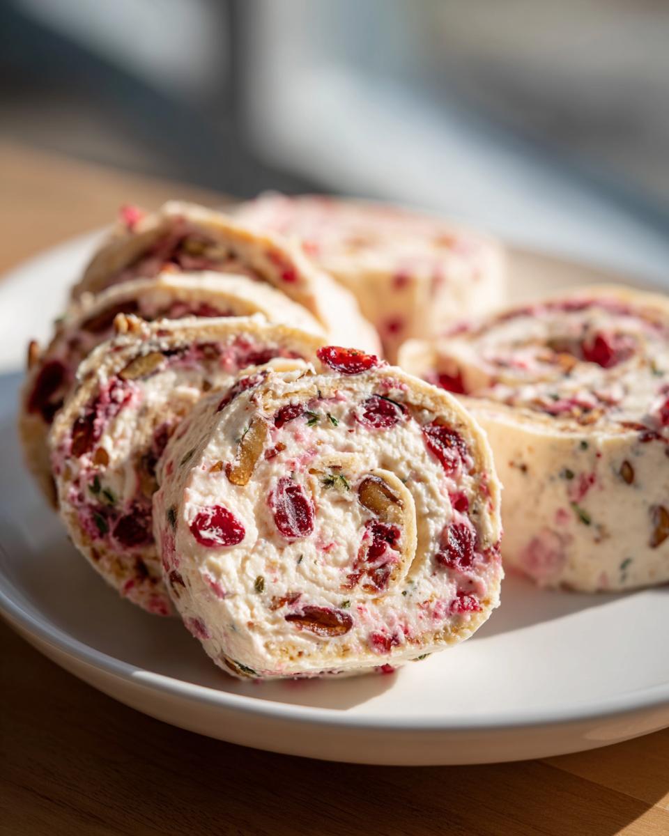 Close-up of several slices of cranberry tortilla roll ups filled with cream cheese, dried cranberries, and nuts.