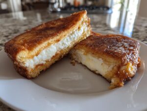 Two halves of golden brown stuffed french toast filled with creamy white cheese filling, served on a white plate.