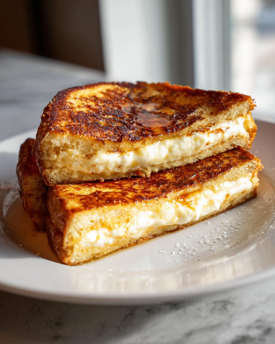 Two halves of golden brown stuffed french toast filled with creamy white cheese, drizzled with syrup.