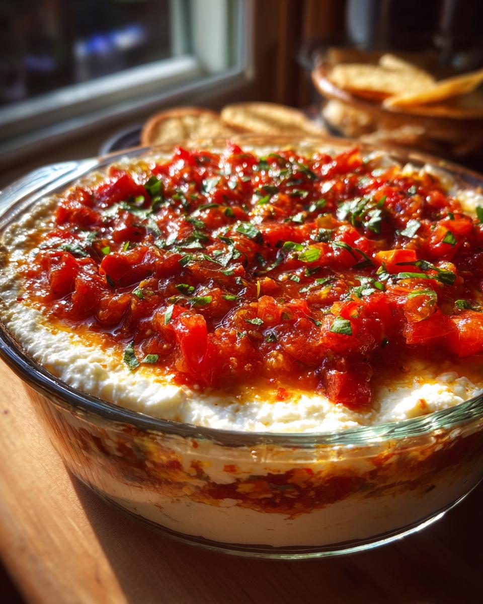 A glass bowl filled with creamy bruschetta dip, topped generously with chunky seasoned tomatoes and fresh herbs.