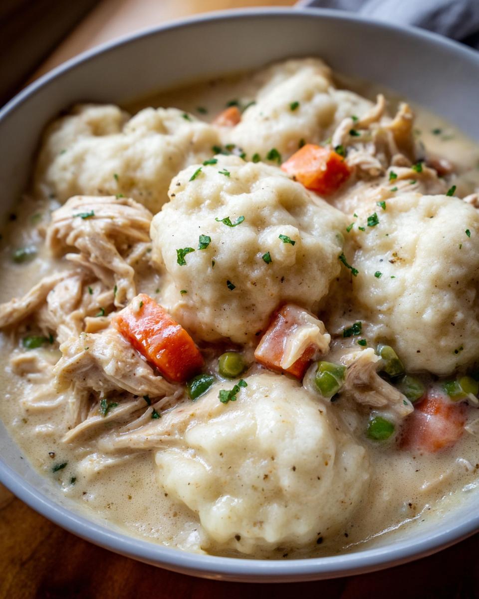 A close-up view of fluffy dumplings nestled in creamy sauce with shredded chicken, carrots, and peas for amazing chicken and dumplings.
