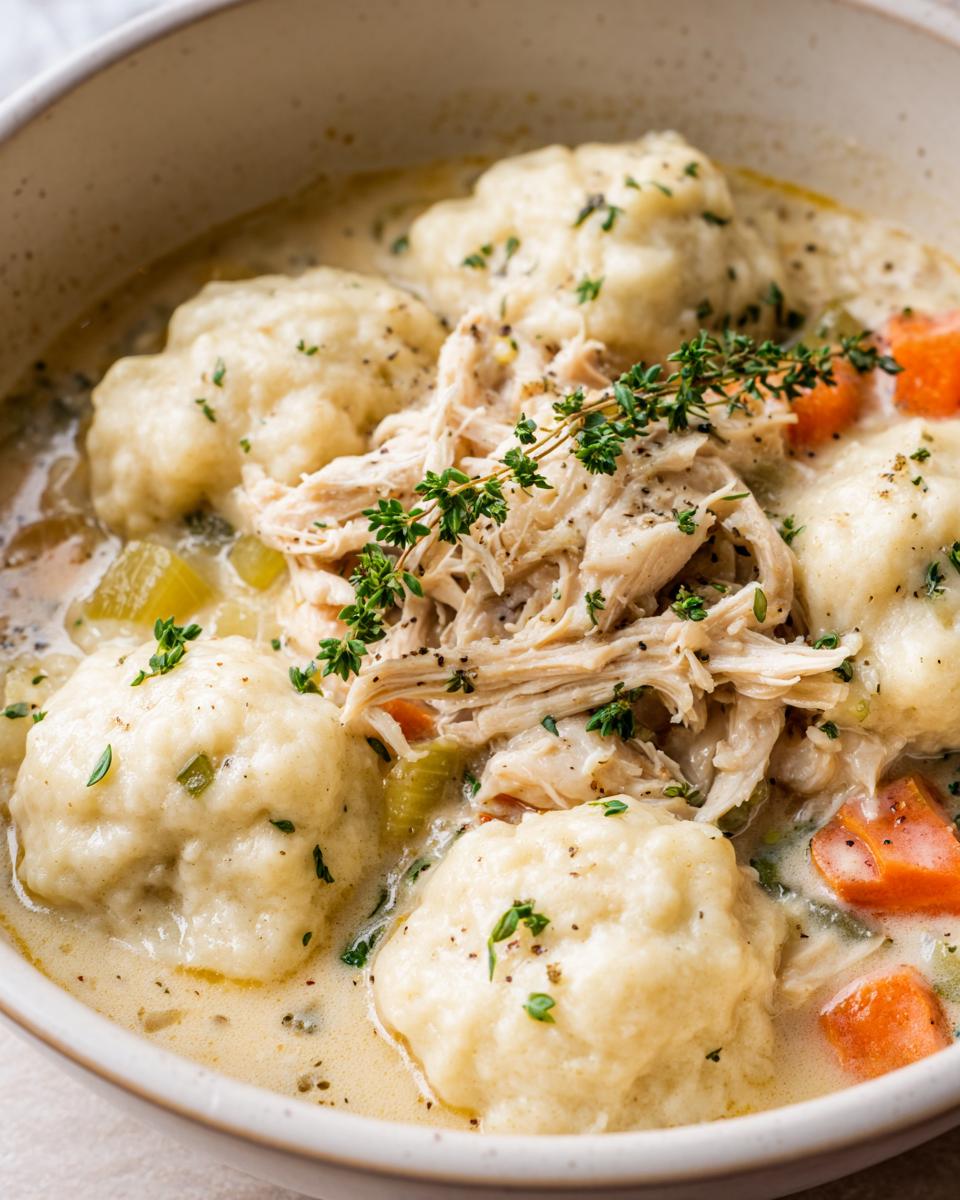 Close-up of a creamy bowl of chicken and dumplings, featuring shredded chicken, fluffy dumplings, carrots, and thyme garnish.