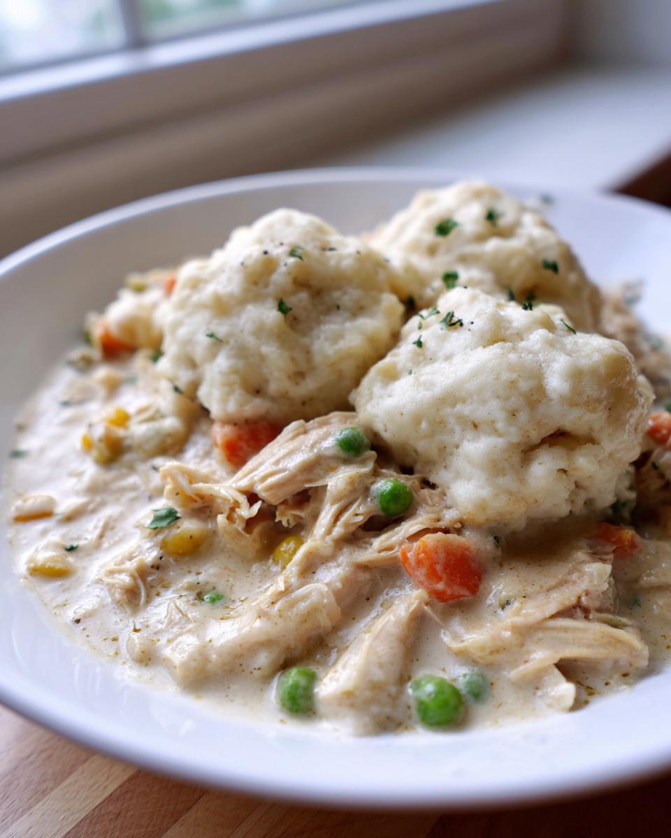 A close-up of a white bowl filled with creamy chicken and dumplings, featuring shredded chicken, peas, and carrots.