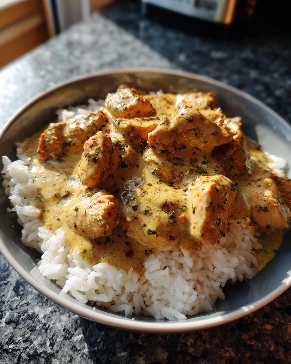 Close-up of a bowl featuring tender chicken pieces in a creamy yellow sauce served over fluffy white rice, a perfect chicken and rice dish.