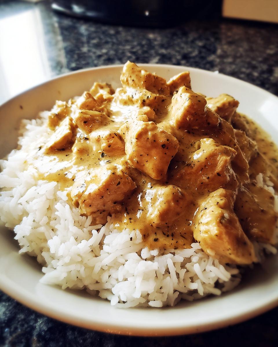 Close-up of creamy chicken pieces served over fluffy white rice, a perfect chicken and rice meal.