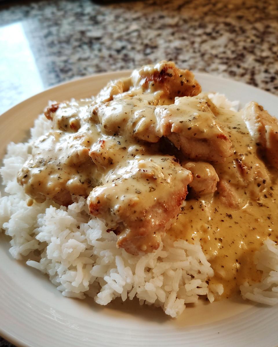 Close-up of tender chicken pieces covered in a creamy herb sauce served over fluffy white rice, a perfect chicken and rice dish.