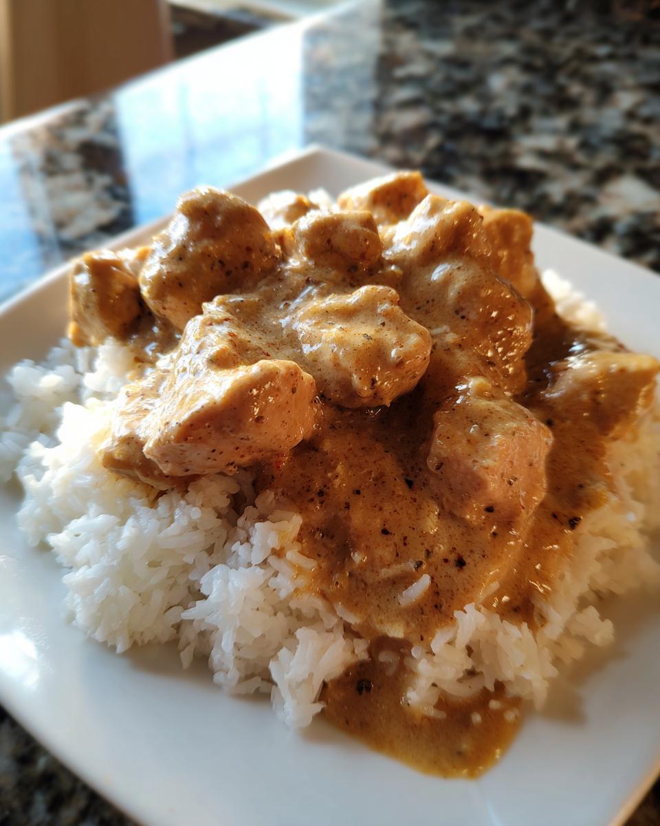 Close-up of tender chicken pieces covered in a creamy sauce served over fluffy white rice, a perfect chicken and rice dish.