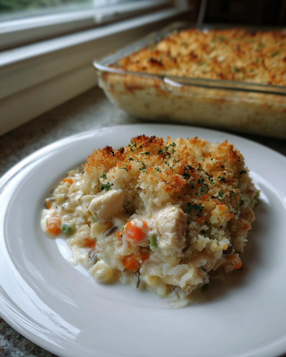 A serving of creamy chicken and wild rice casserole topped with golden breadcrumbs on a white plate.