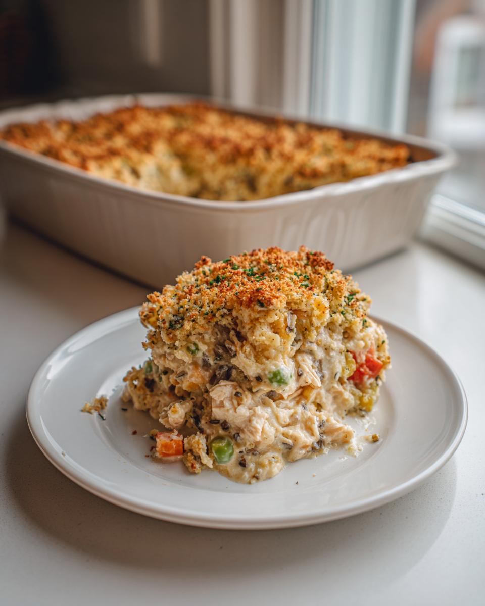 A hearty serving of creamy chicken and wild rice casserole with a crispy topping on a white plate.