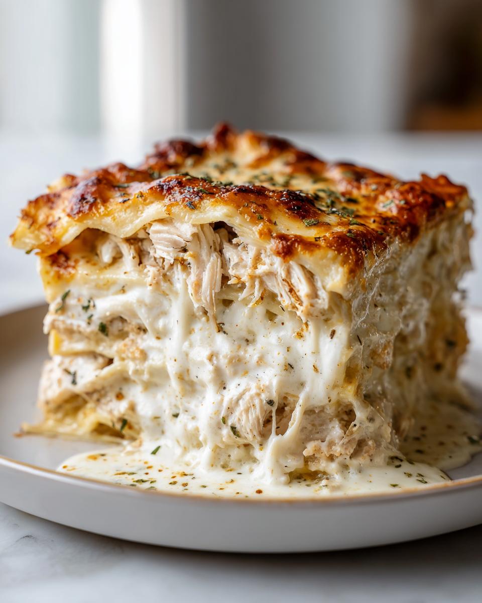 A tall, cheesy slice of chicken lasagna with creamy white sauce oozing out, topped with browned cheese.