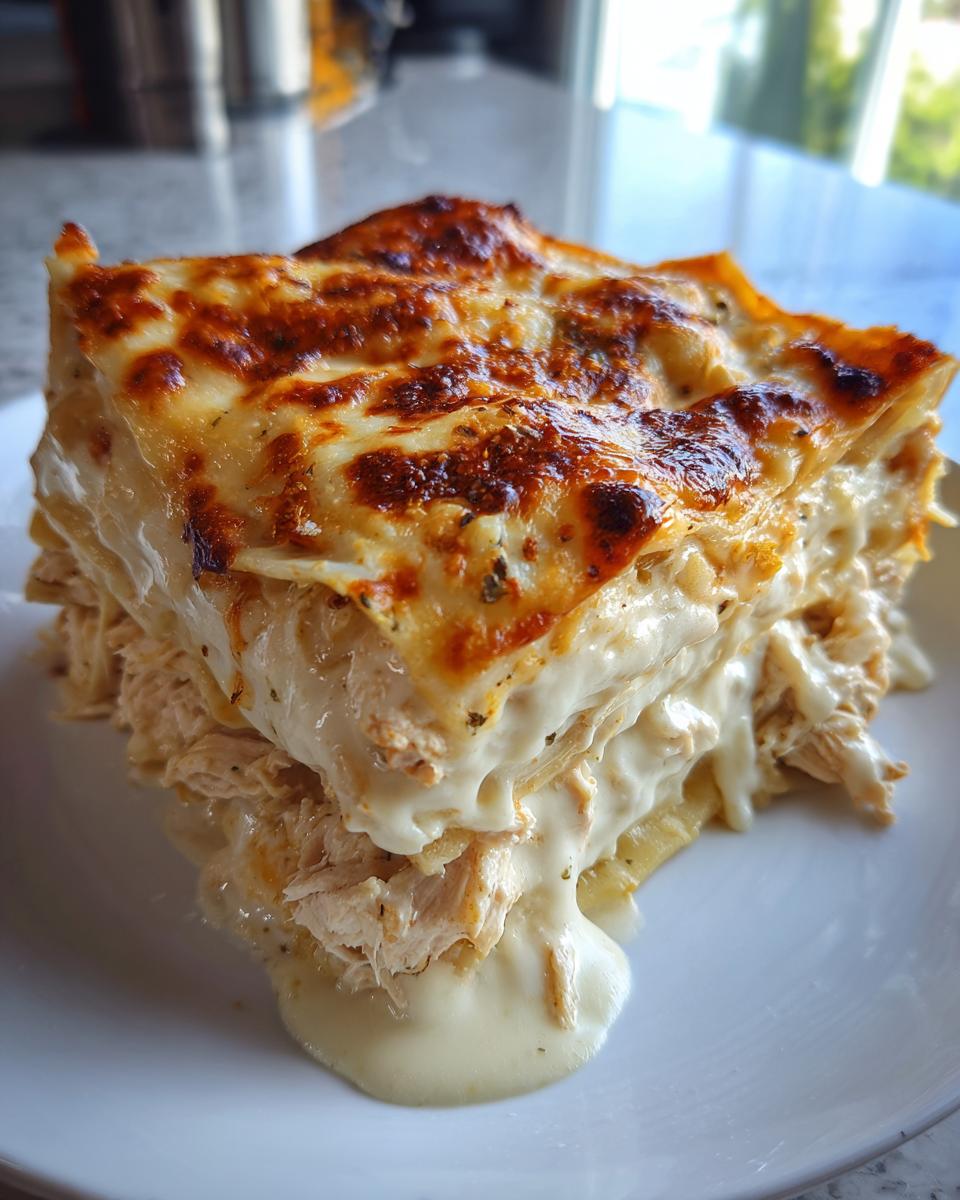 A decadent, cheesy slice of white sauce chicken lasagna with shredded chicken filling oozing onto a white plate.