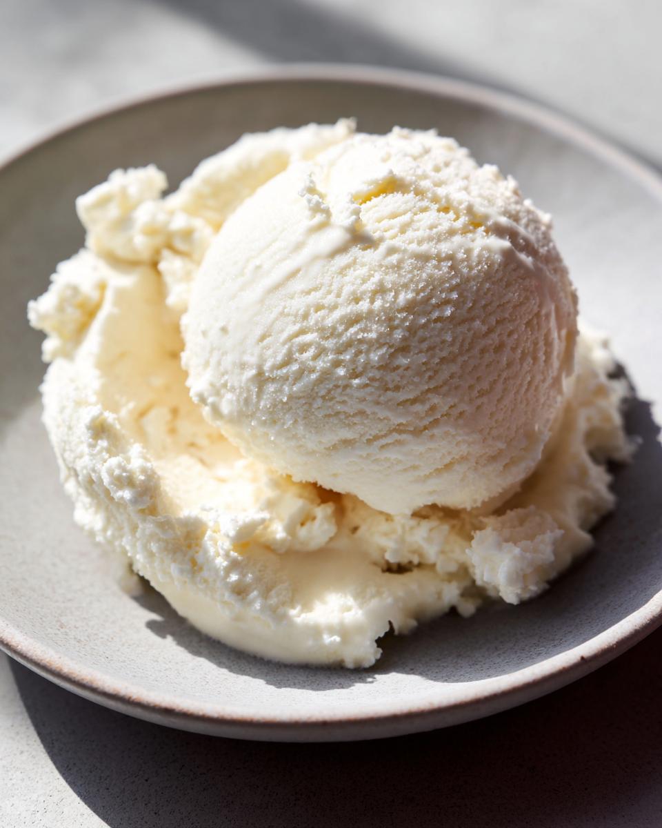 A close-up of a perfectly scooped portion of creamy, white cottage cheese ice cream served in a light gray bowl.