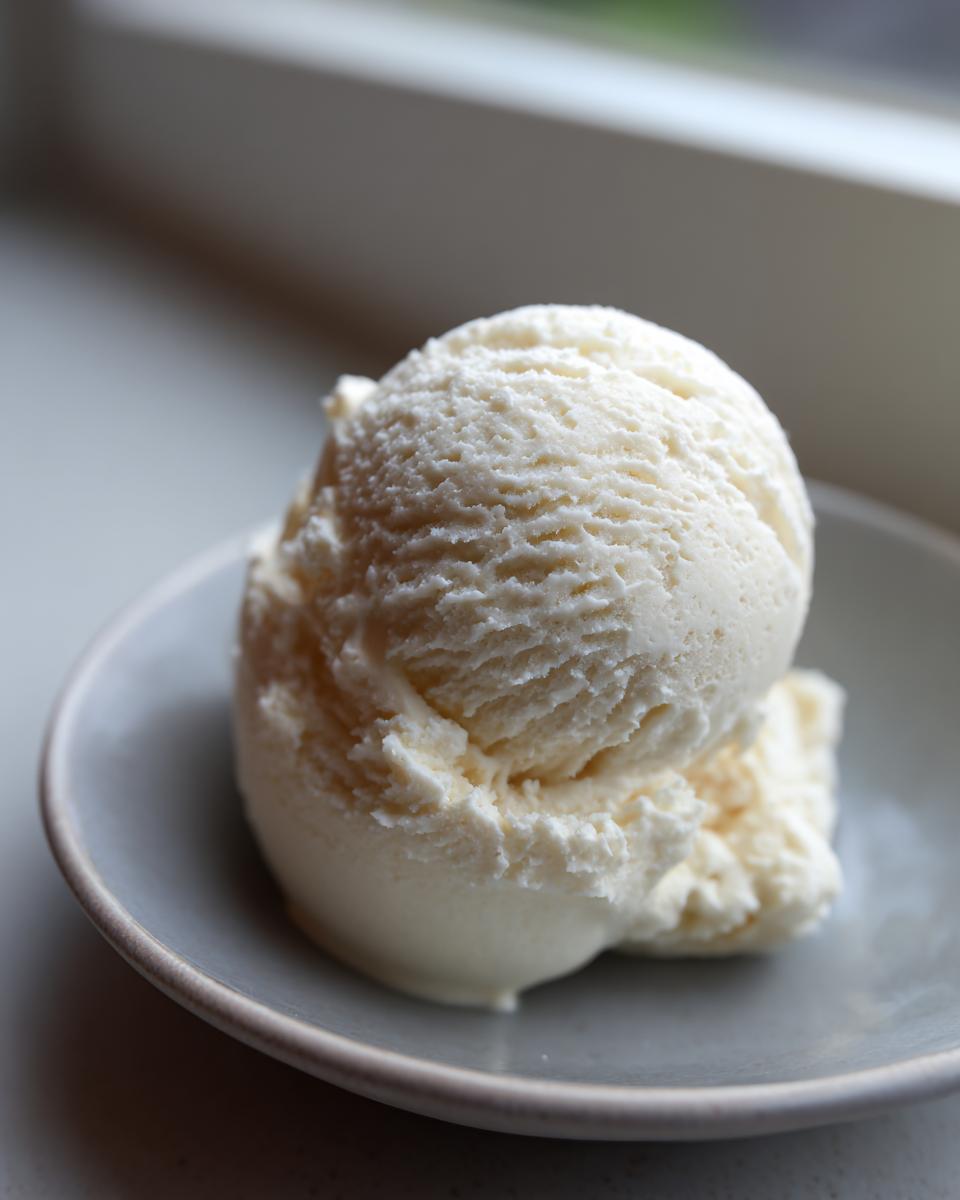 A close-up of two scoops of creamy, white cottage cheese ice cream served in a small grey bowl.